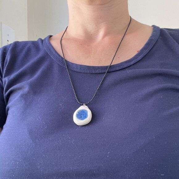 Cobalt Blue Glass + Ceramic Pendant Handmade Art Necklace Chunky Round Unique - Picture 1 of 5